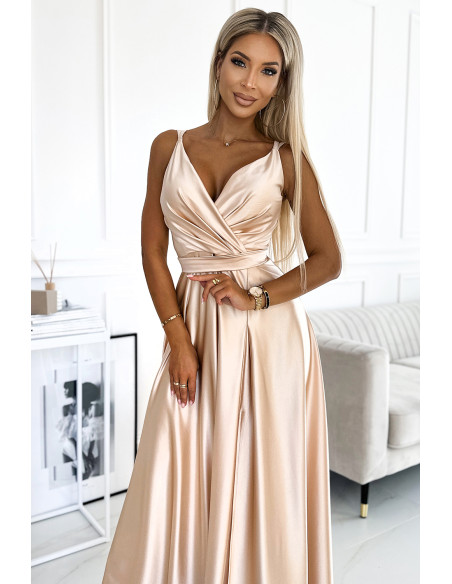  498-5 Long satin dress with a neckline and double straps - golden 