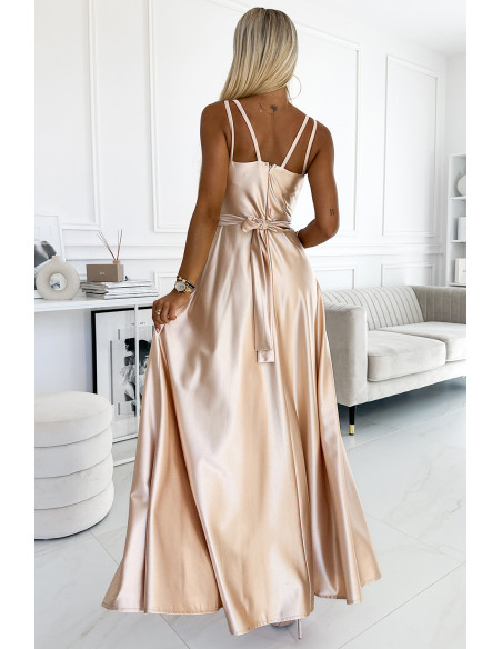  498-5 Long satin dress with a neckline and double straps - golden 