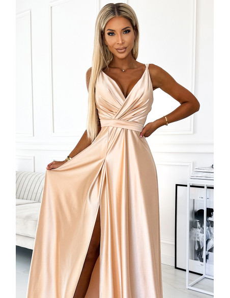  498-5 Long satin dress with a neckline and double straps - golden 