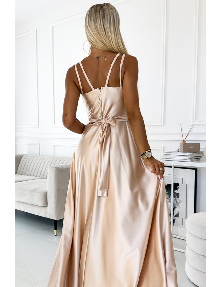  498-5 Long satin dress with a neckline and double straps - golden 