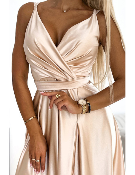  498-5 Long satin dress with a neckline and double straps - golden 