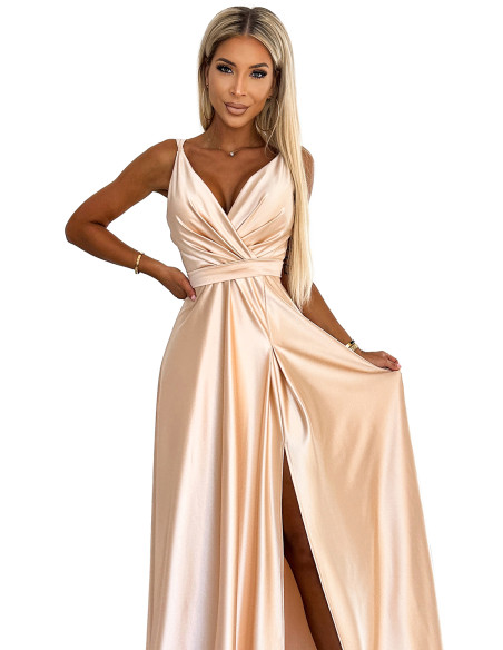  498-5 Long satin dress with a neckline and double straps - golden 