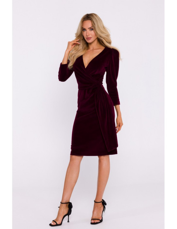 M829 Velvet deep V-neck dress - maroon