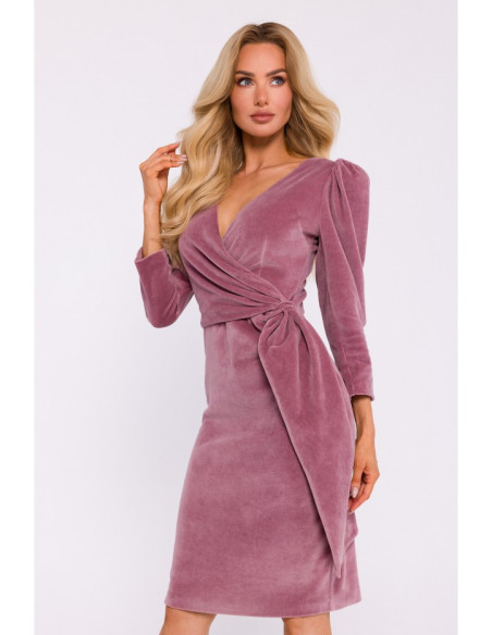 M829 Velvet deep V-neck dress - crepe pink