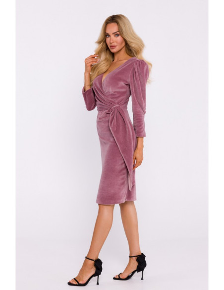 M829 Velvet deep V-neck dress - crepe pink