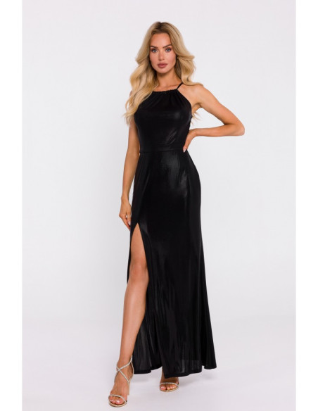 M833 Metallic maxi dress with tie neck - black