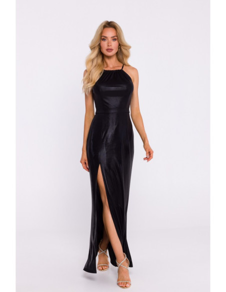 M833 Metallic maxi dress with tie neck - black