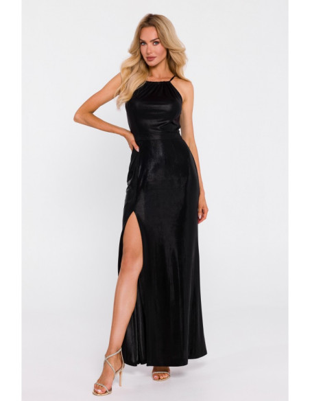 M833 Metallic maxi dress with tie neck - black