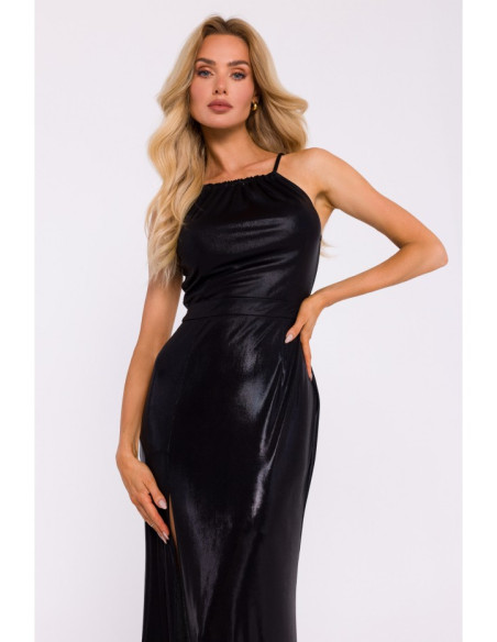 M833 Metallic maxi dress with tie neck - black