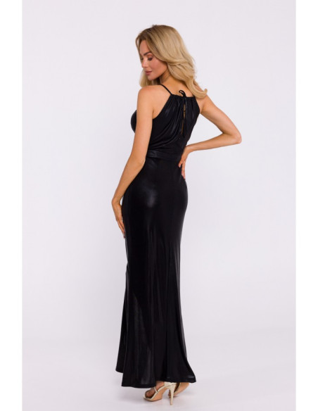 M833 Metallic maxi dress with tie neck - black