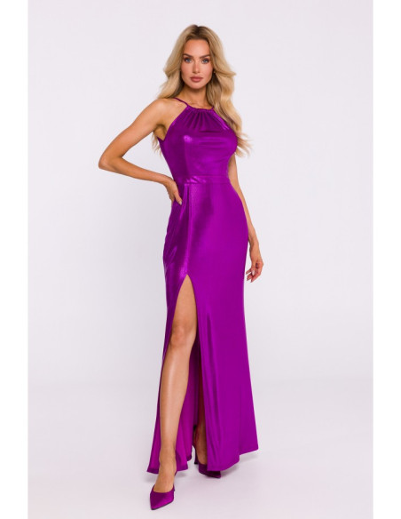 M833 Metallic maxi dress with tie neck - purple