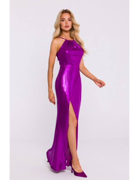 M833 Metallic maxi dress with tie neck - purple