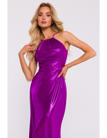 M833 Metallic maxi dress with tie neck - purple