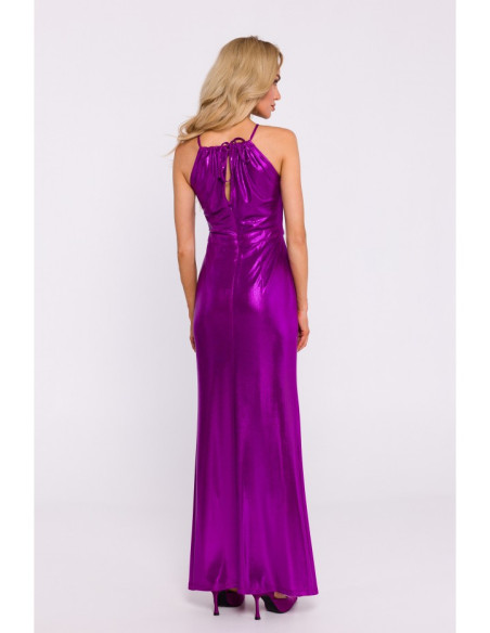 M833 Metallic maxi dress with tie neck - purple