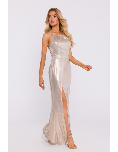 M833 Metallic maxi dress with tie neck - champagne