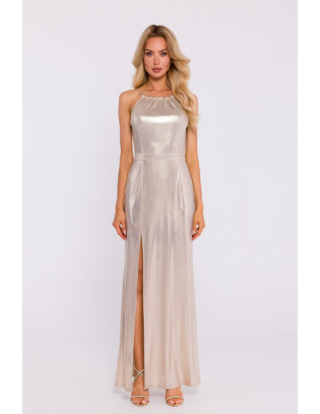 M833 Metallic maxi dress with tie neck - champagne