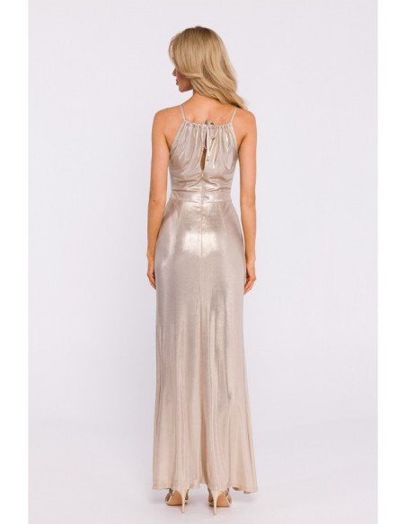 M833 Metallic maxi dress with tie neck - champagne