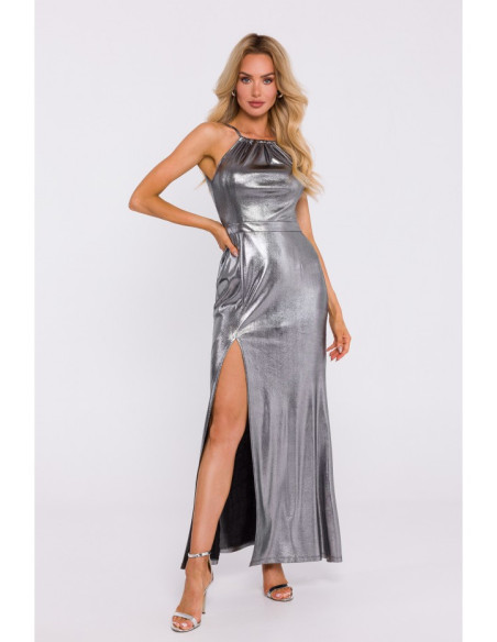 M833 Metallic maxi dress with tie neck - silver