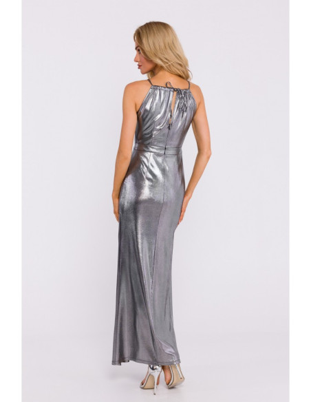 M833 Metallic maxi dress with tie neck - silver