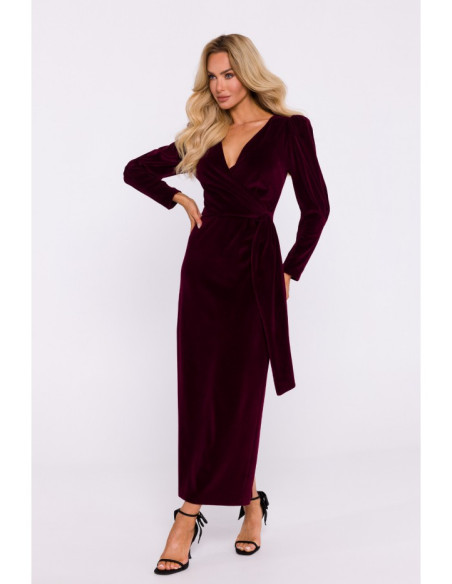 M828 Velvet deep V-neck maxi gown - maroon