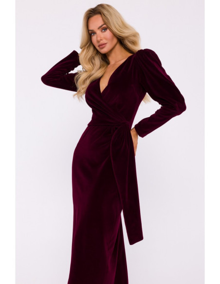 M828 Velvet deep V-neck maxi gown - maroon