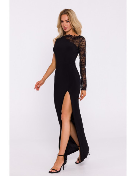 M839 Asymmetrical dress with lace sleeve - black