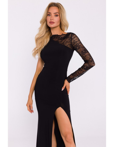 M839 Asymmetrical dress with lace sleeve - black