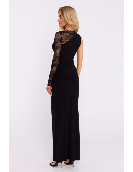 M839 Asymmetrical dress with lace sleeve - black