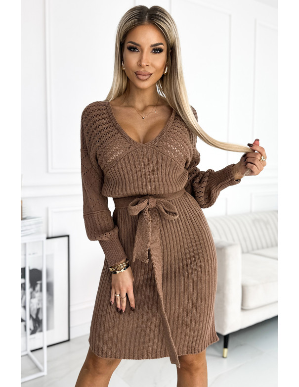  559-1 Openwork sweater dress with a neckline and ties - coffee with milk 