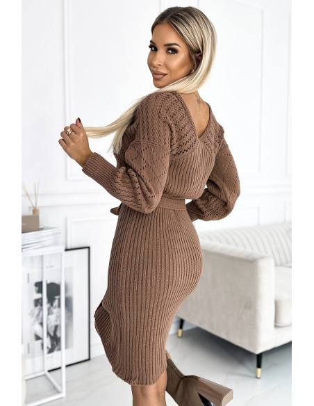  559-1 Openwork sweater dress with a neckline and ties - coffee with milk 