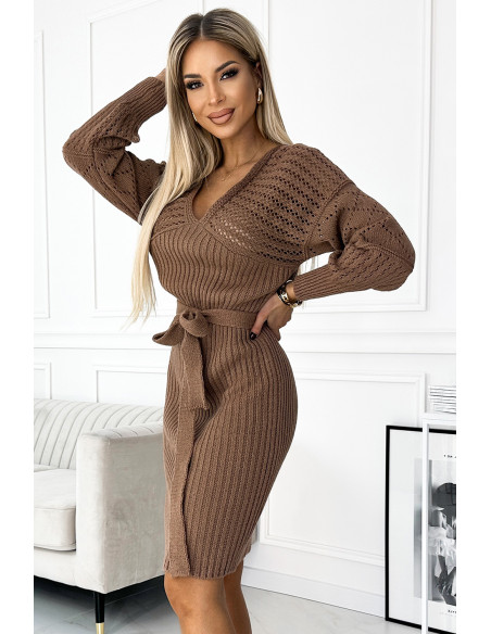  559-1 Openwork sweater dress with a neckline and ties - coffee with milk 