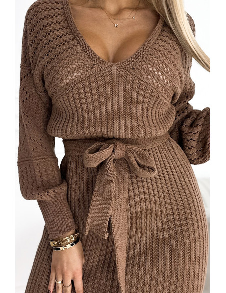  559-1 Openwork sweater dress with a neckline and ties - coffee with milk 