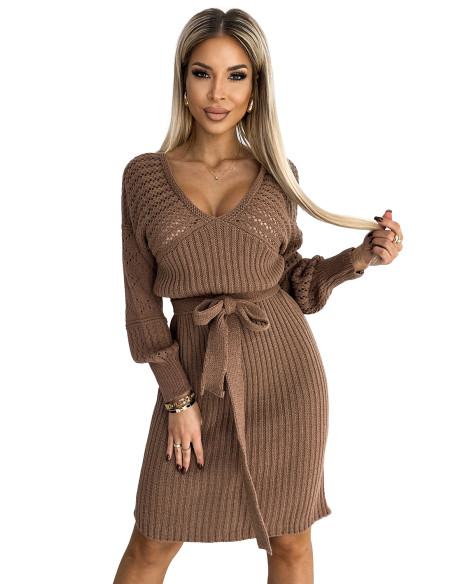  559-1 Openwork sweater dress with a neckline and ties - coffee with milk 