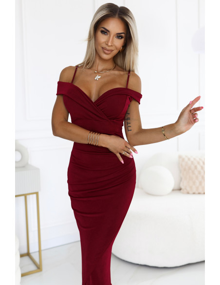  564-2 CALLIE Midi dress with open shoulders and neckline - burgundy 