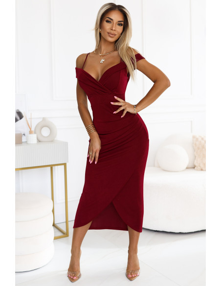  564-2 CALLIE Midi dress with open shoulders and neckline - burgundy 