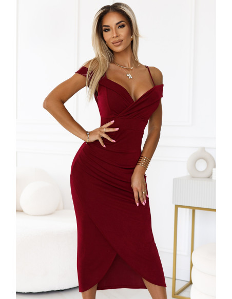  564-2 CALLIE Midi dress with open shoulders and neckline - burgundy 