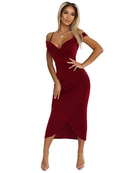  564-2 CALLIE Midi dress with open shoulders and neckline - burgundy 