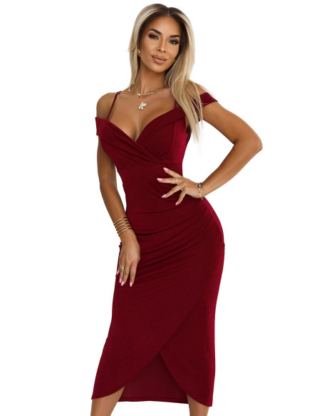  564-2 CALLIE Midi dress with open shoulders and neckline - burgundy 