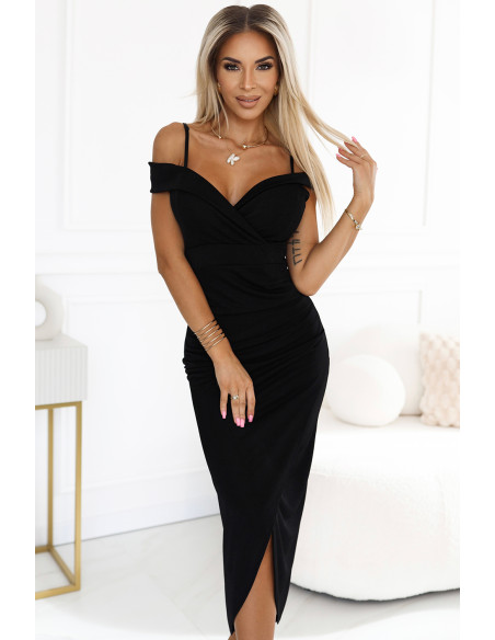  564-3 CALLIE Midi dress with open shoulders and neckline - black 