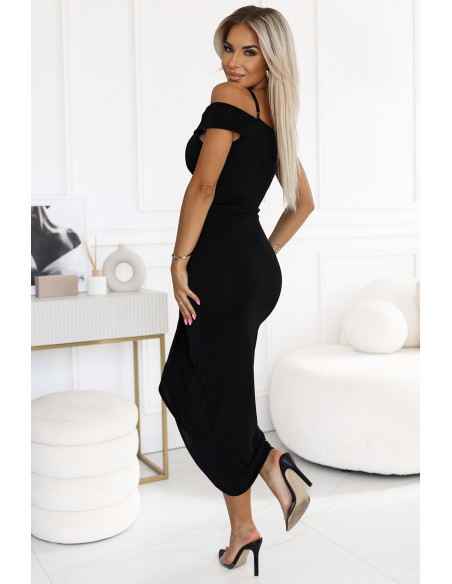  564-3 CALLIE Midi dress with open shoulders and neckline - black 