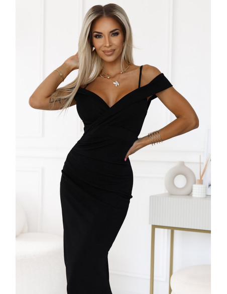  564-3 CALLIE Midi dress with open shoulders and neckline - black 