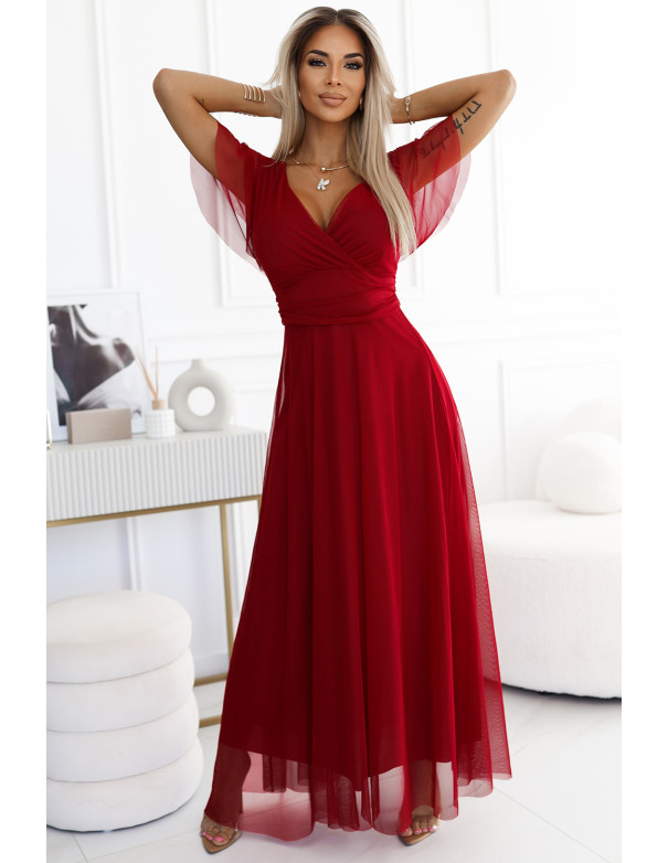  562-2 NASTIA Long dress with neckline and short sleeves - burgundy 