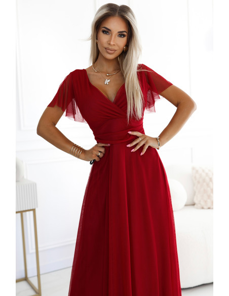  562-2 NASTIA Long dress with neckline and short sleeves - burgundy 