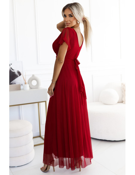  562-2 NASTIA Long dress with neckline and short sleeves - burgundy 