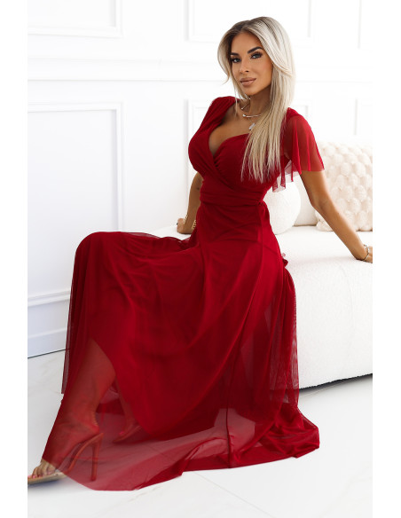  562-2 NASTIA Long dress with neckline and short sleeves - burgundy 