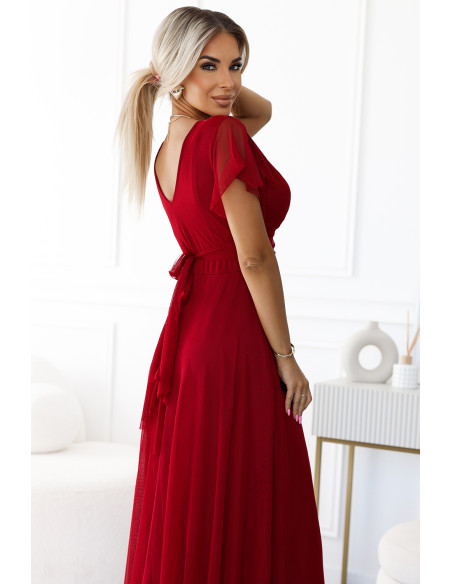  562-2 NASTIA Long dress with neckline and short sleeves - burgundy 