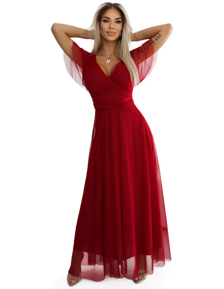  562-2 NASTIA Long dress with neckline and short sleeves - burgundy 