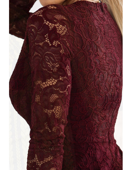  170-14 Lace dress with long sleeves and neckline - dark maroon 