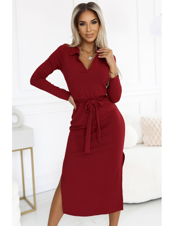  560-1 Classic midi dress with collar and tie - burgundy 