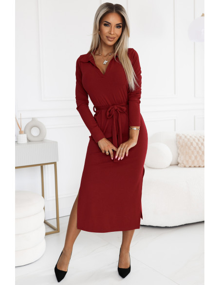  560-1 Classic midi dress with collar and tie - burgundy 